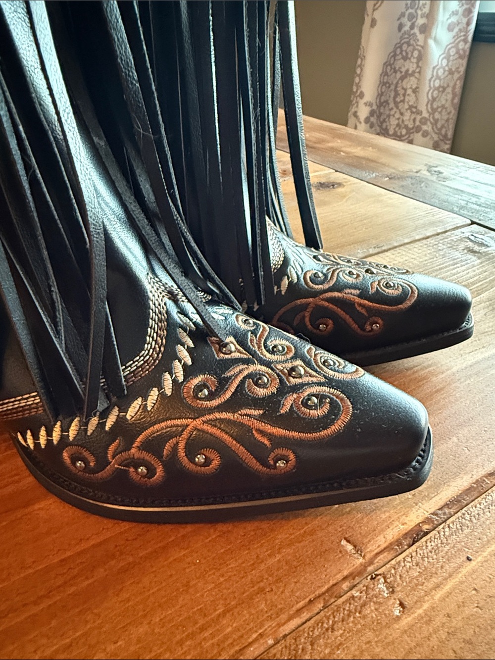 Black Fringe Western Heeled Boots with Copper Embroidery - Picture 2 of 5